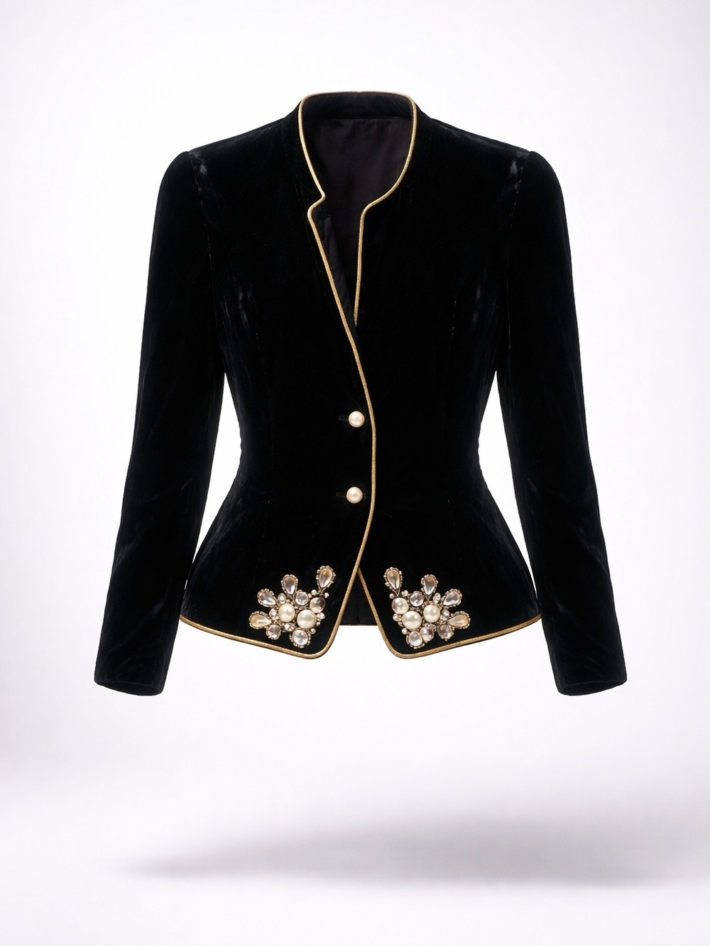 Petra Fashions Black Velvet Blazer with Gold Trim and Pearl Embellishments